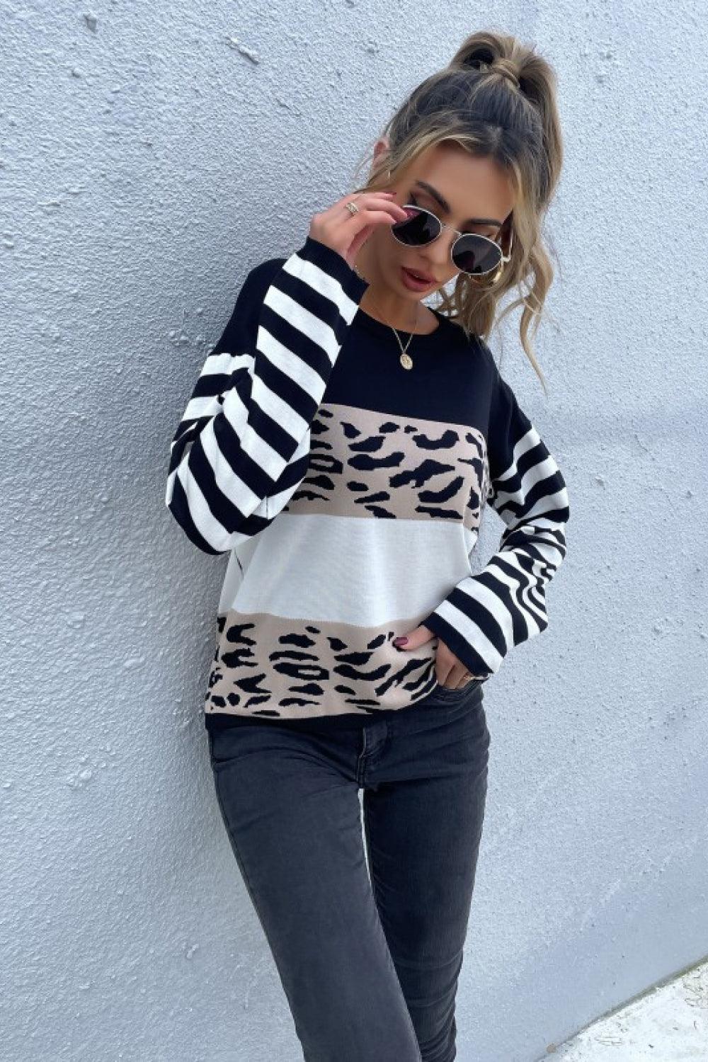 Mixed Print Color Block Knitted Pullover - BELLATRENDZ