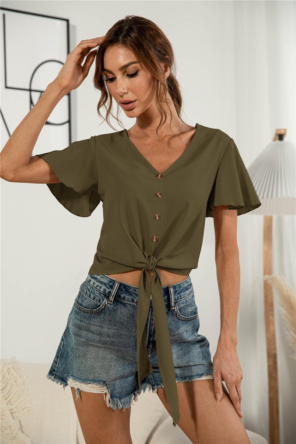 Decorative Button V-Neck Tied Blouse - BELLATRENDZ