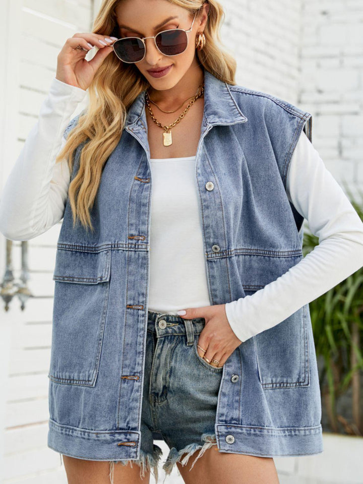 Collared Neck Sleeveless Denim Top with Pockets - BELLATRENDZ