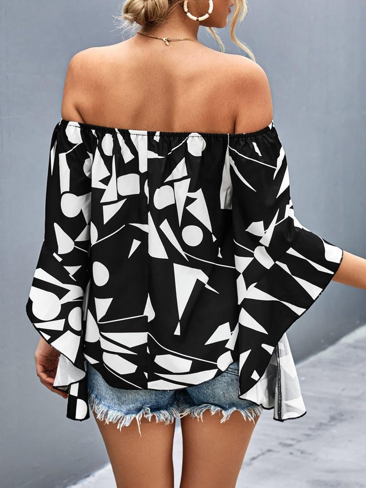 Printed Off-Shoulder Bell Sleeve Blouse - BELLATRENDZ