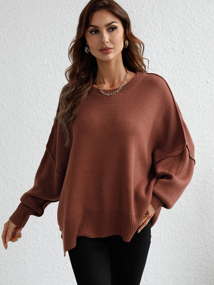 Exposed Seam Dropped Shoulder Slit Sweater - BELLATRENDZ