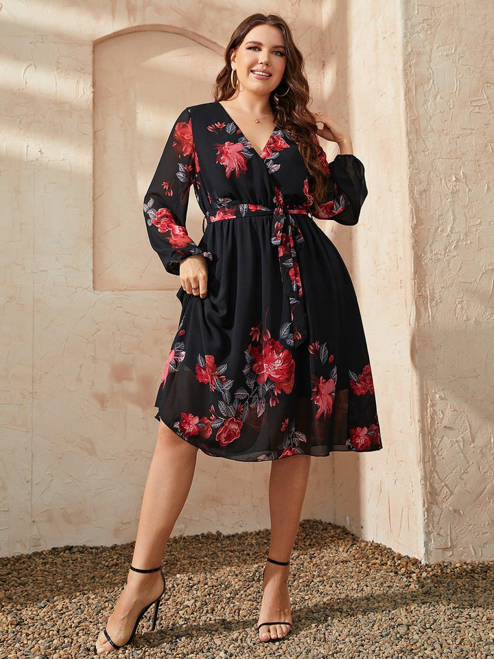 Plus Size Floral Surplice Neck Tie Waist Dress - BELLATRENDZ