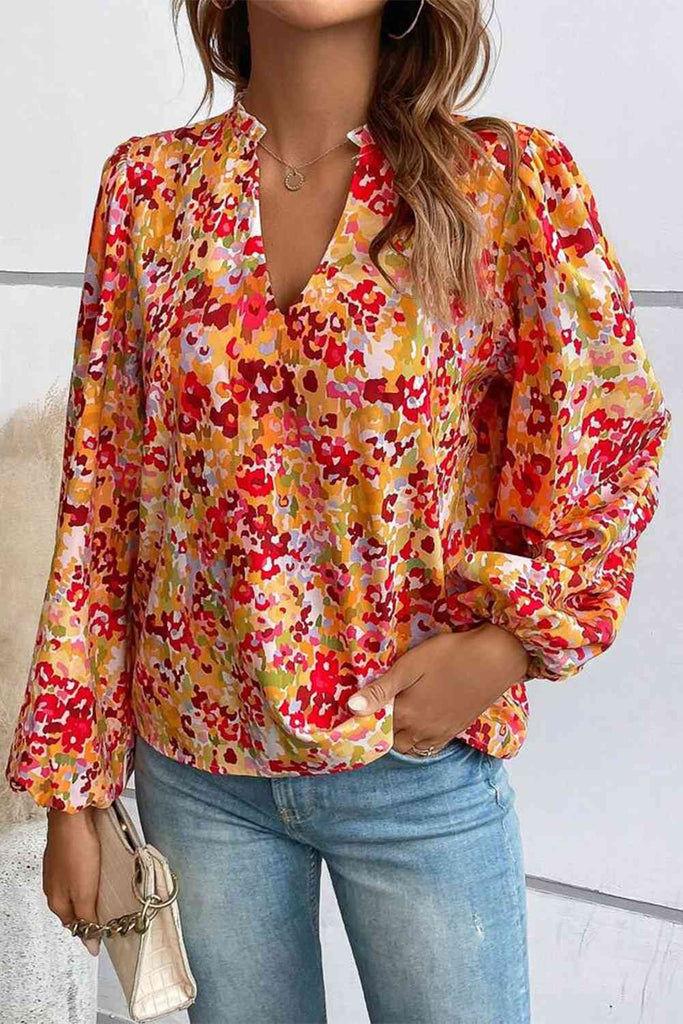 Floral Notched Balloon Sleeve Blouse