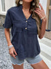 Buttoned Notched Neck Cuffed Sleeve Blouse - BELLATRENDZ