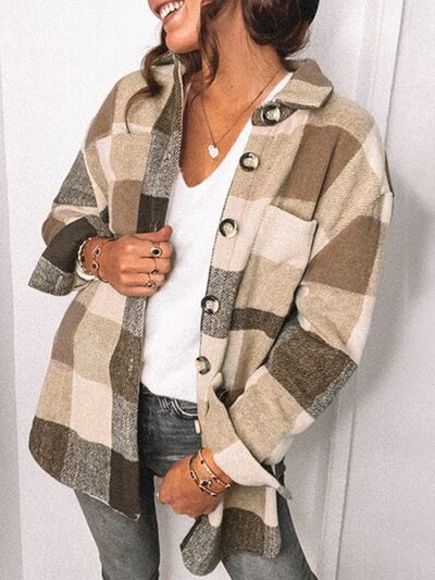 Plaid Pocketed Dropped Shoulder Button Up Jacket