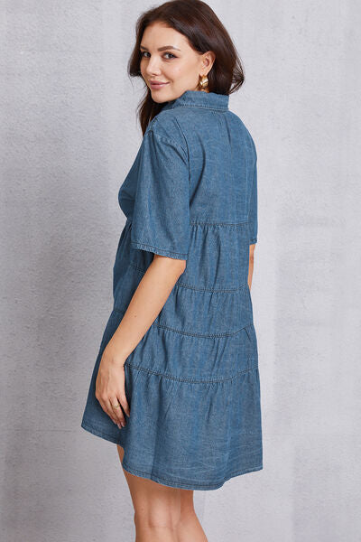 Button Up Collared Neck Tiered Denim Dress