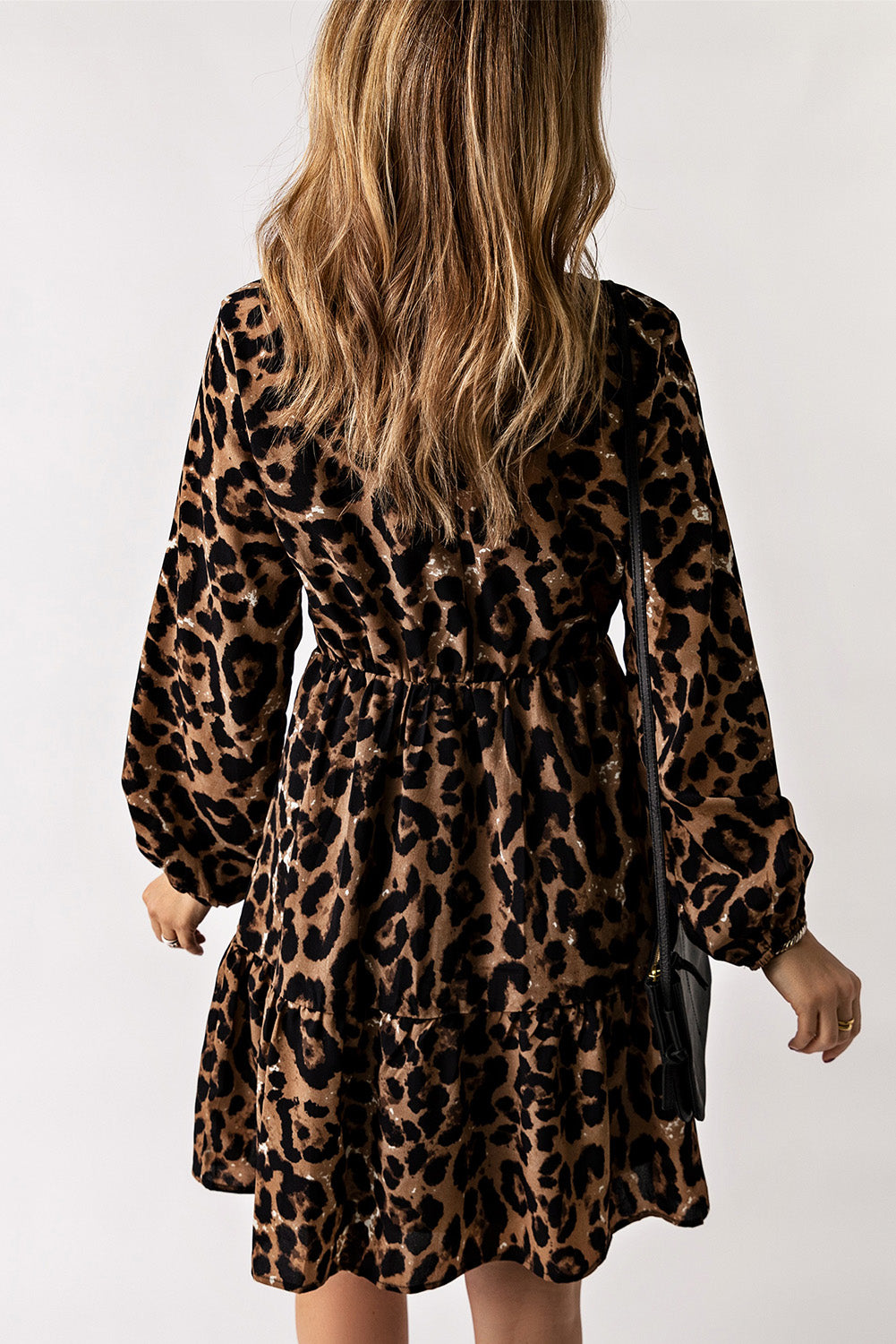 Leopard V-Neck Balloon Sleeve Tiered Dress