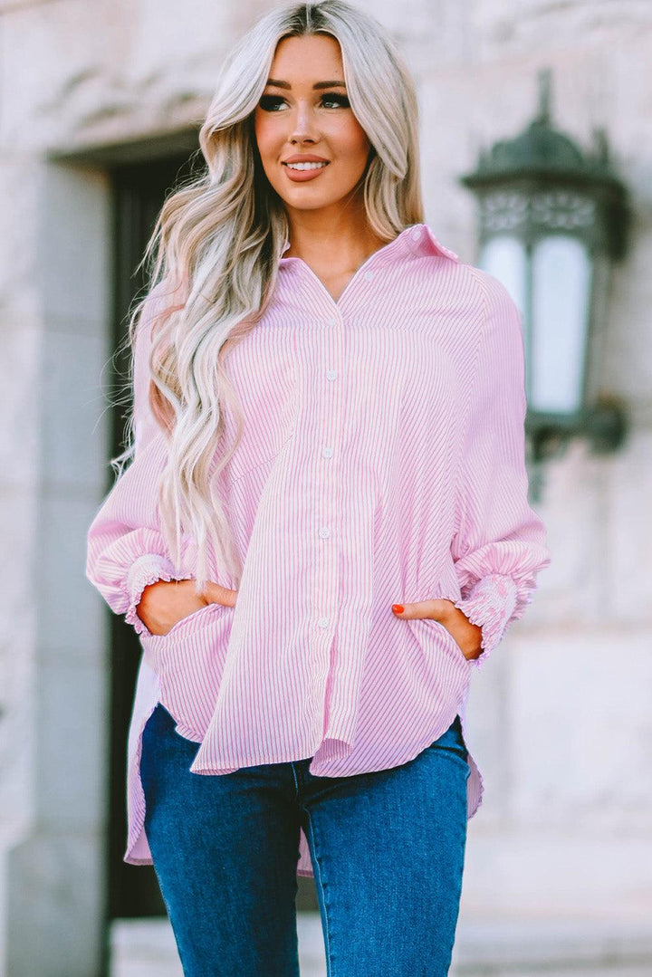 Striped Lantern Sleeve Collared Shirt - BELLATRENDZ