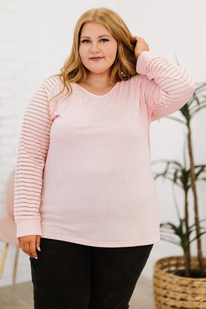 Plus Size Sheer Striped Sleeve V-Neck Top - BELLATRENDZ