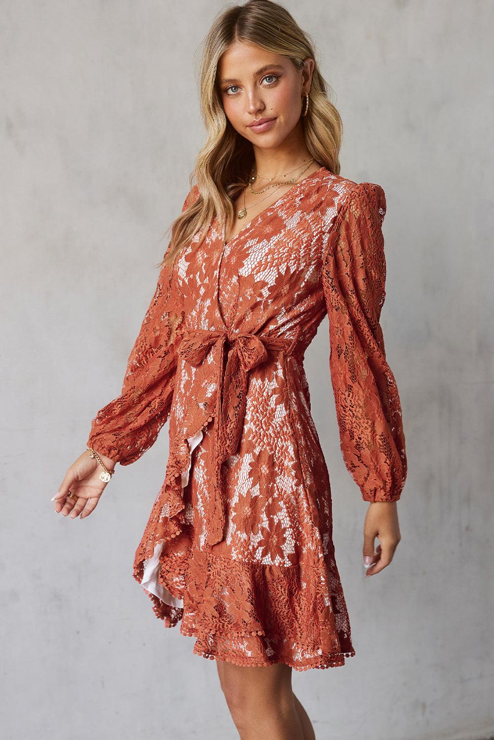 Pompom Trim Puff Sleeve Belted Lace Dress - BELLATRENDZ