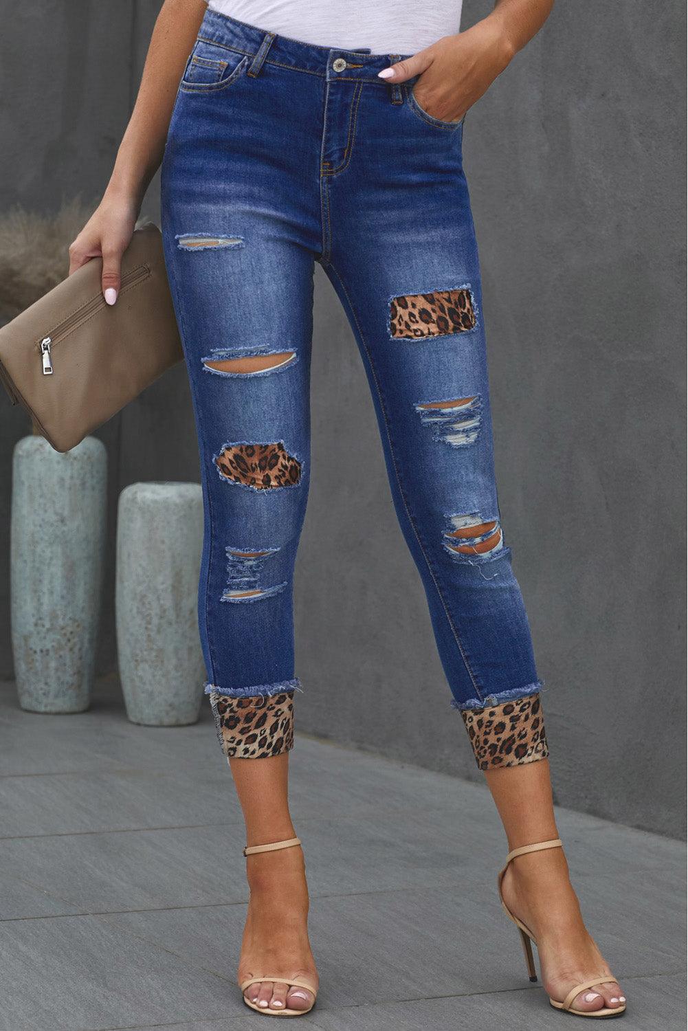 Leopard Patch Distressed Cropped Jeans - BELLATRENDZ