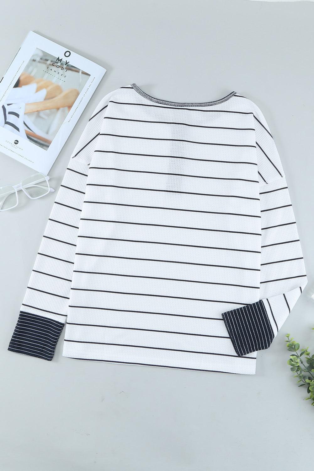 Striped Waffle Knit Henley Long Sleeve Top - BELLATRENDZ