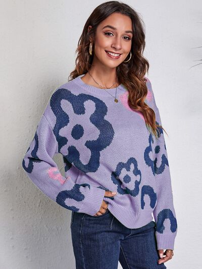 Flower Pattern Round Neck Long Sleeve Sweater