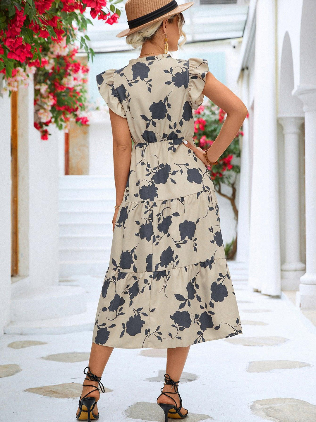 Floral Frill Trim V-Neck Tiered Midi Dress - BELLATRENDZ