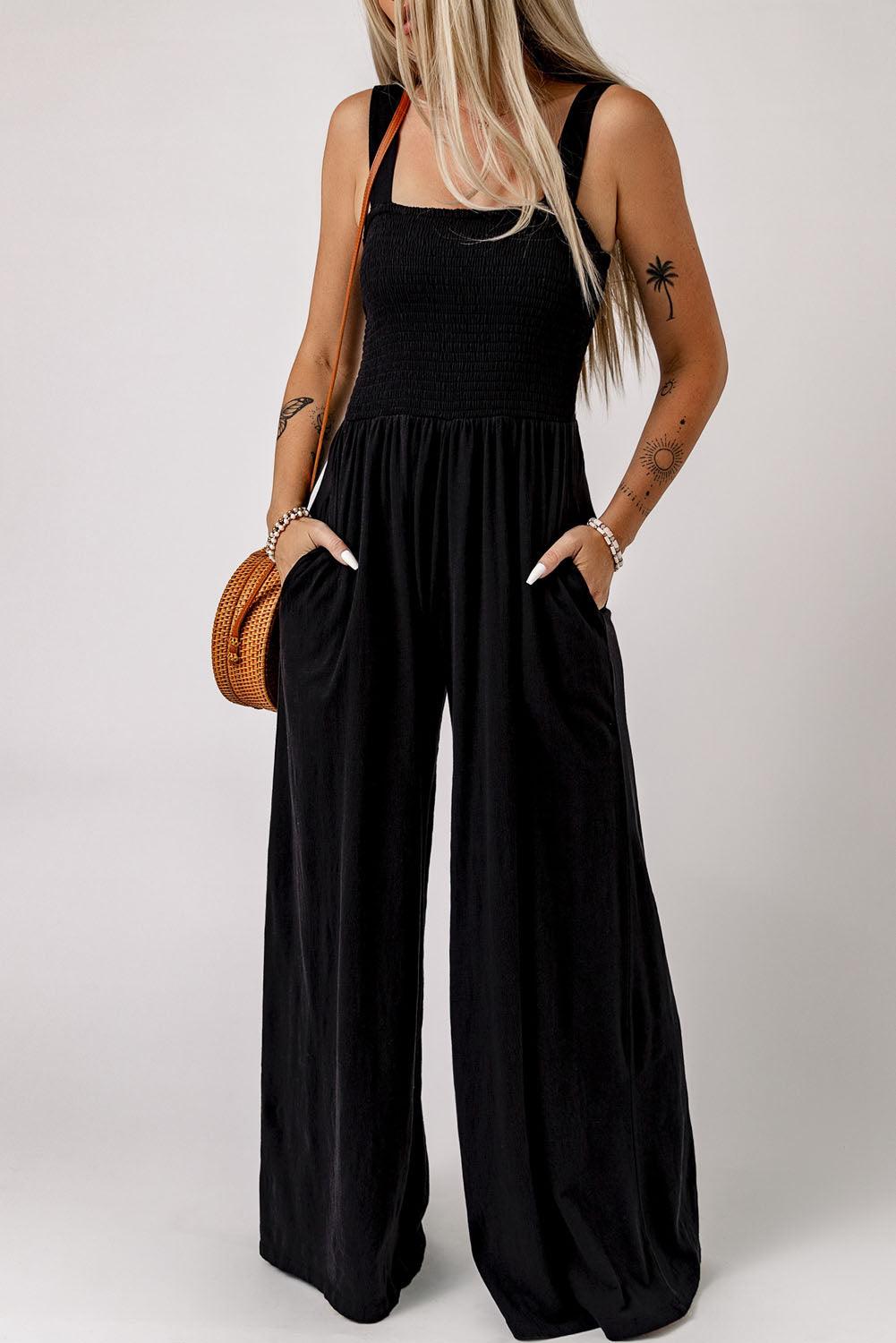 Smocked Square Neck Wide Leg Jumpsuit with Pockets - BELLATRENDZ