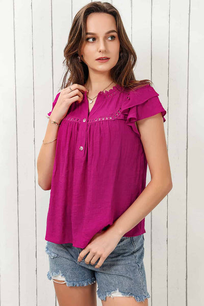Notched Neck Buttoned Flutter Sleeve Blouse