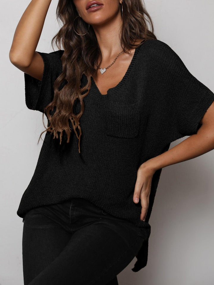 V-Neck Slit High-Low Knit Top - BELLATRENDZ