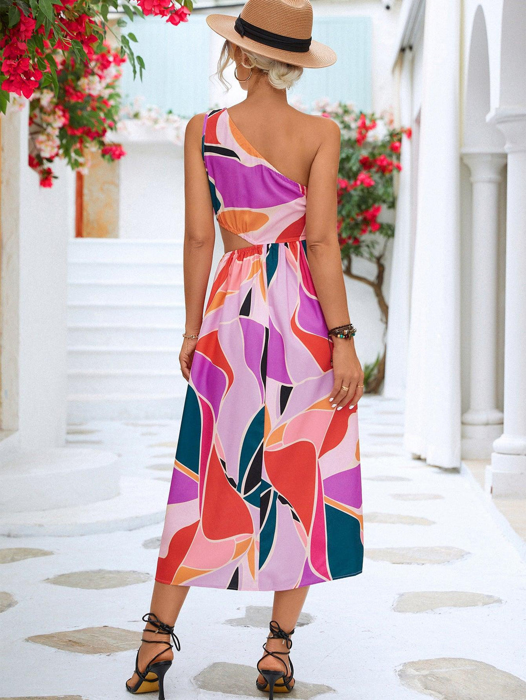 Printed Cutout One-Shoulder Sleeveless Dress - BELLATRENDZ