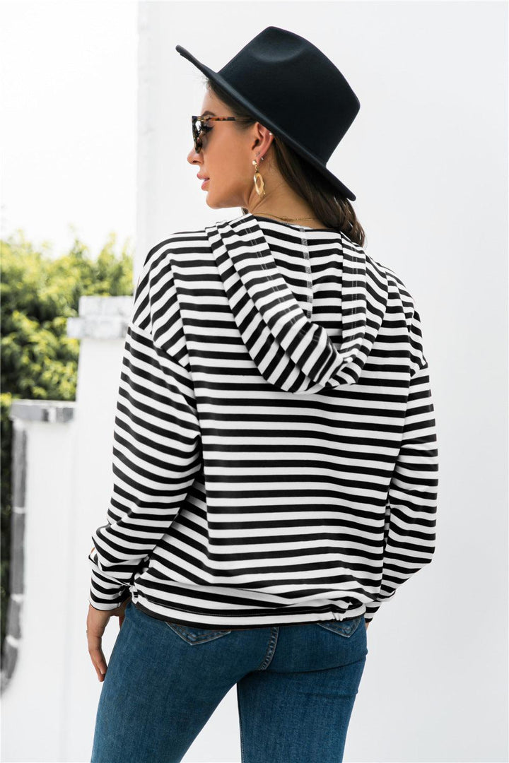 Striped Half-Button Dropped Shoulder Hoodie - BELLATRENDZ