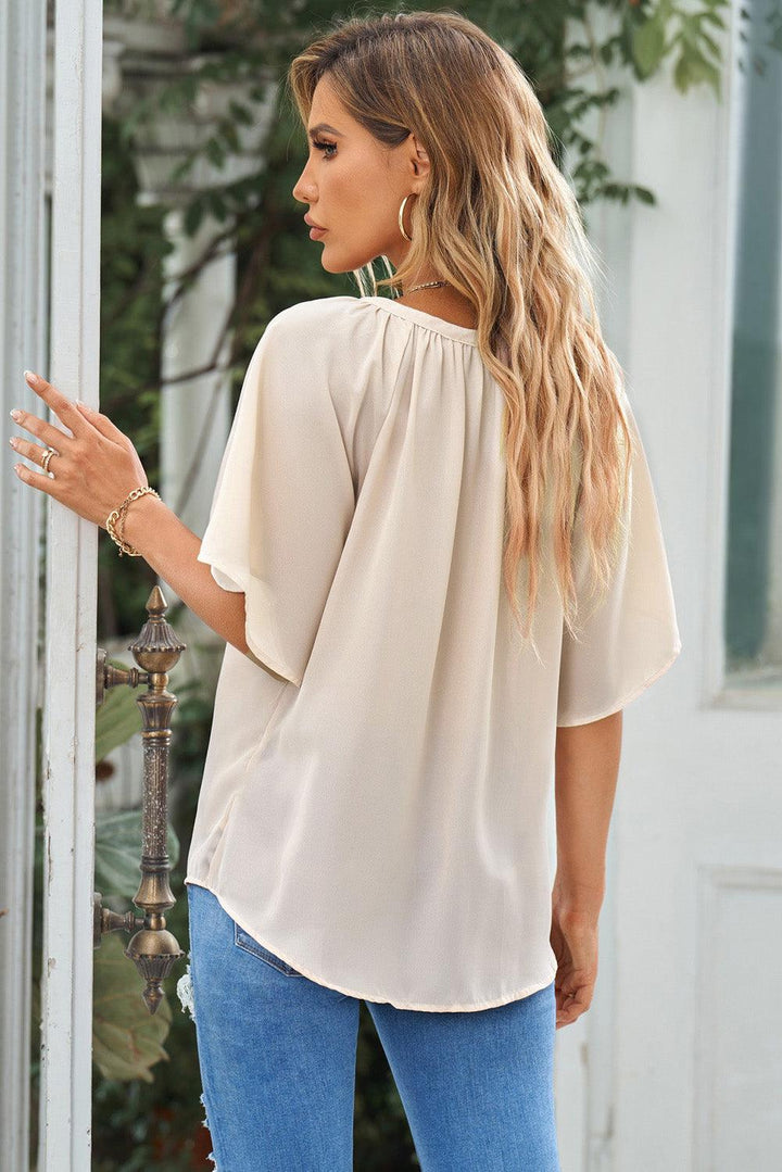 Gathered Detail Notched Neck Flutter Sleeve Top - BELLATRENDZ