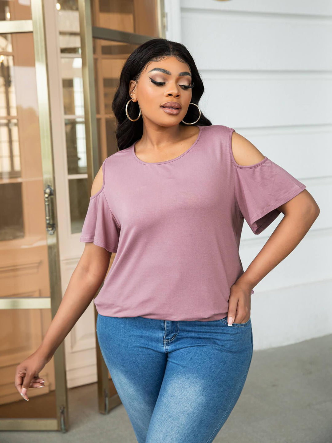 Plus Size Cold-Shoulder Round Neck Curved Hem Tee - BELLATRENDZ