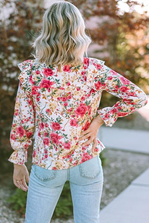 Floral Round Neck Smocked Blouse