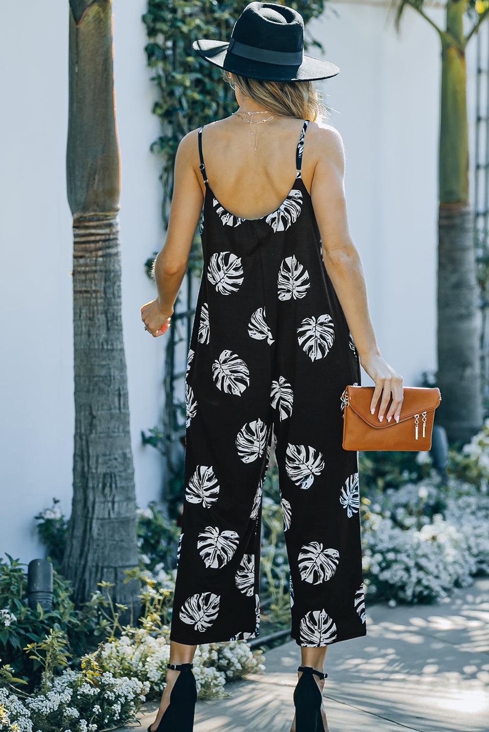 Botanical Print Spaghetti Strap Cropped Jumpsuit - BELLATRENDZ