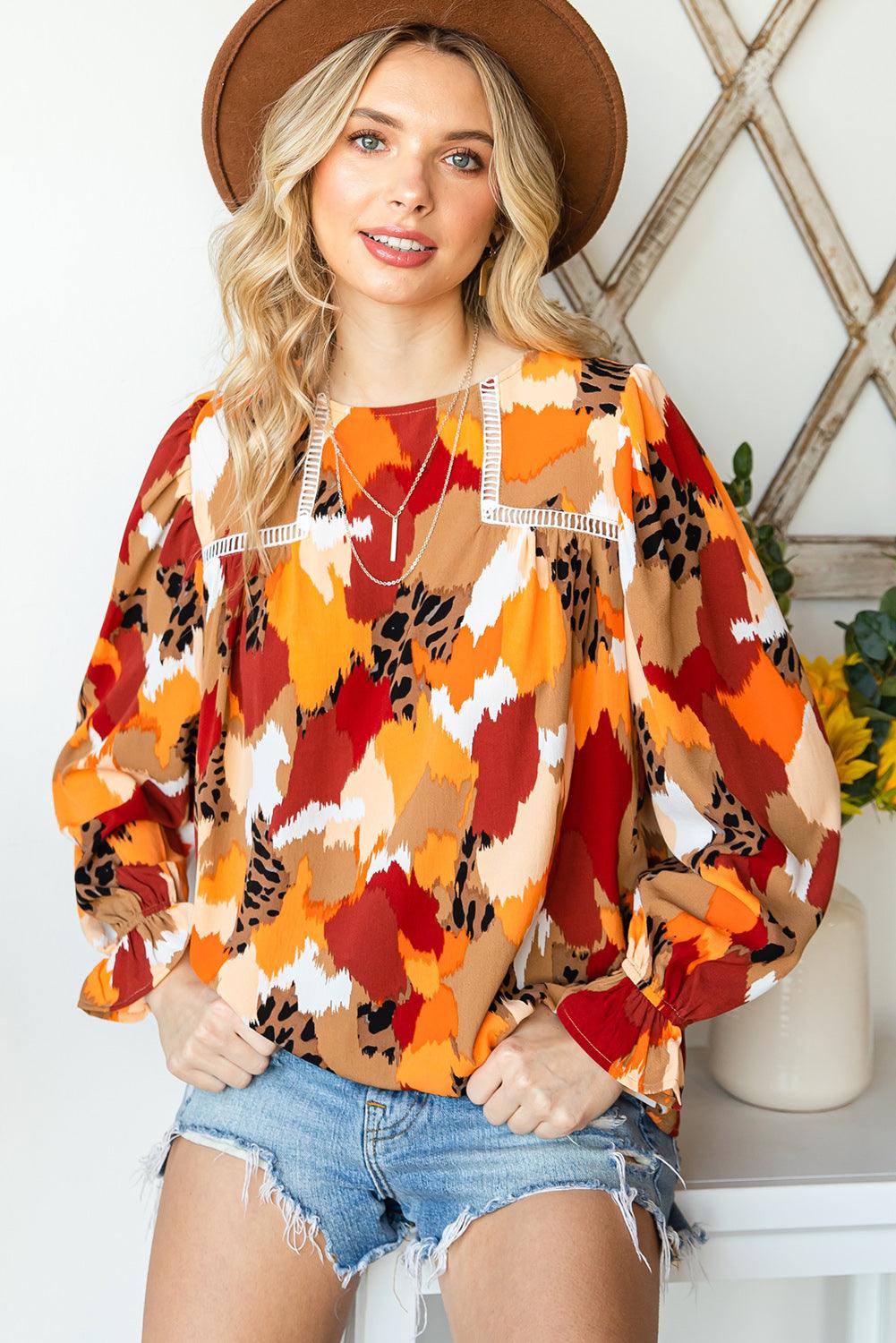 Printed Flounce Sleeve Buttoned Blouse - BELLATRENDZ