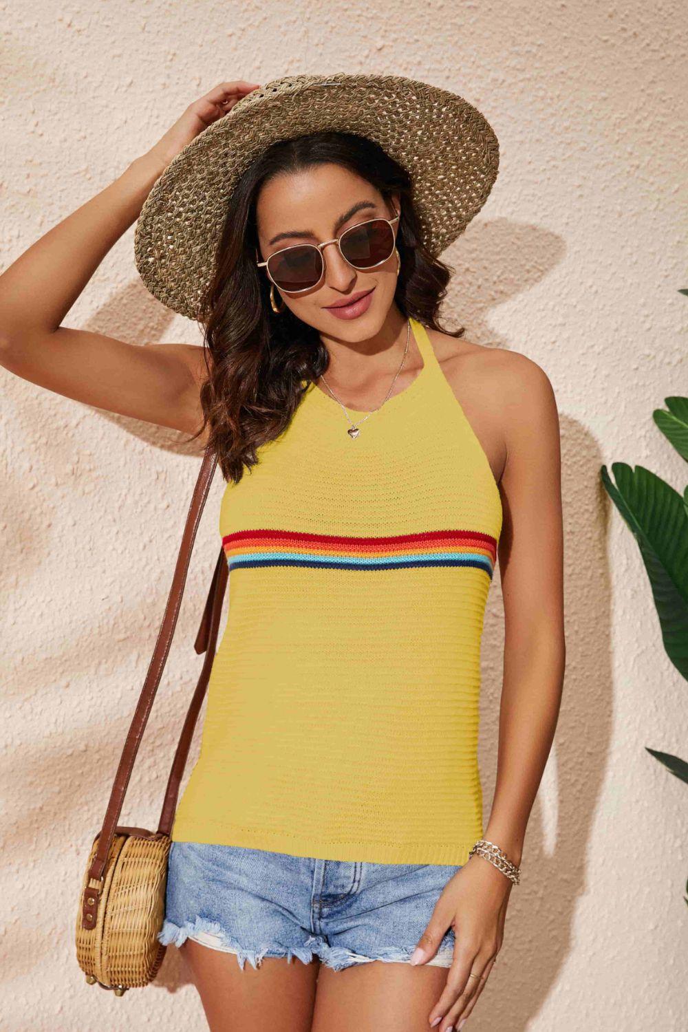 Rainbow Stripe Halter Neck Knit Tank - BELLATRENDZ