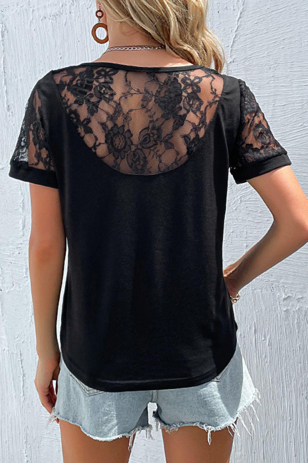 Spliced Lace Round Neck Short Sleeve Top - BELLATRENDZ