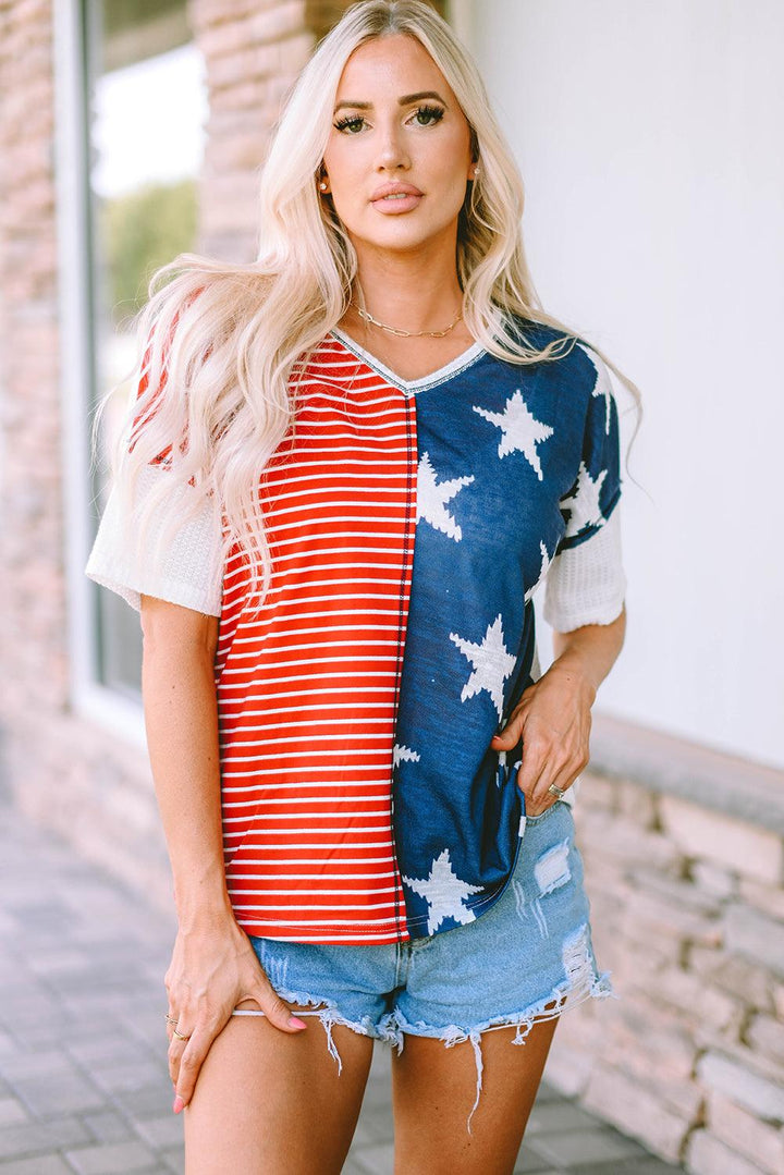 Star and Stripe V-Neck Top - BELLATRENDZ