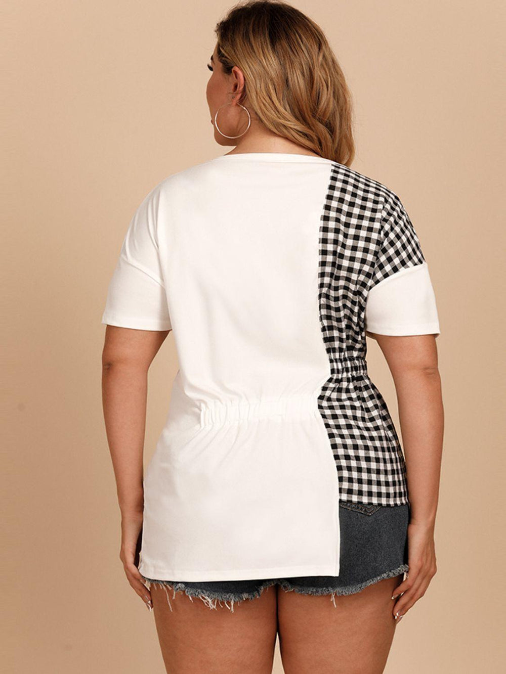 Plus Size Gingham Color Block Asymmetrical T-Shirt - BELLATRENDZ