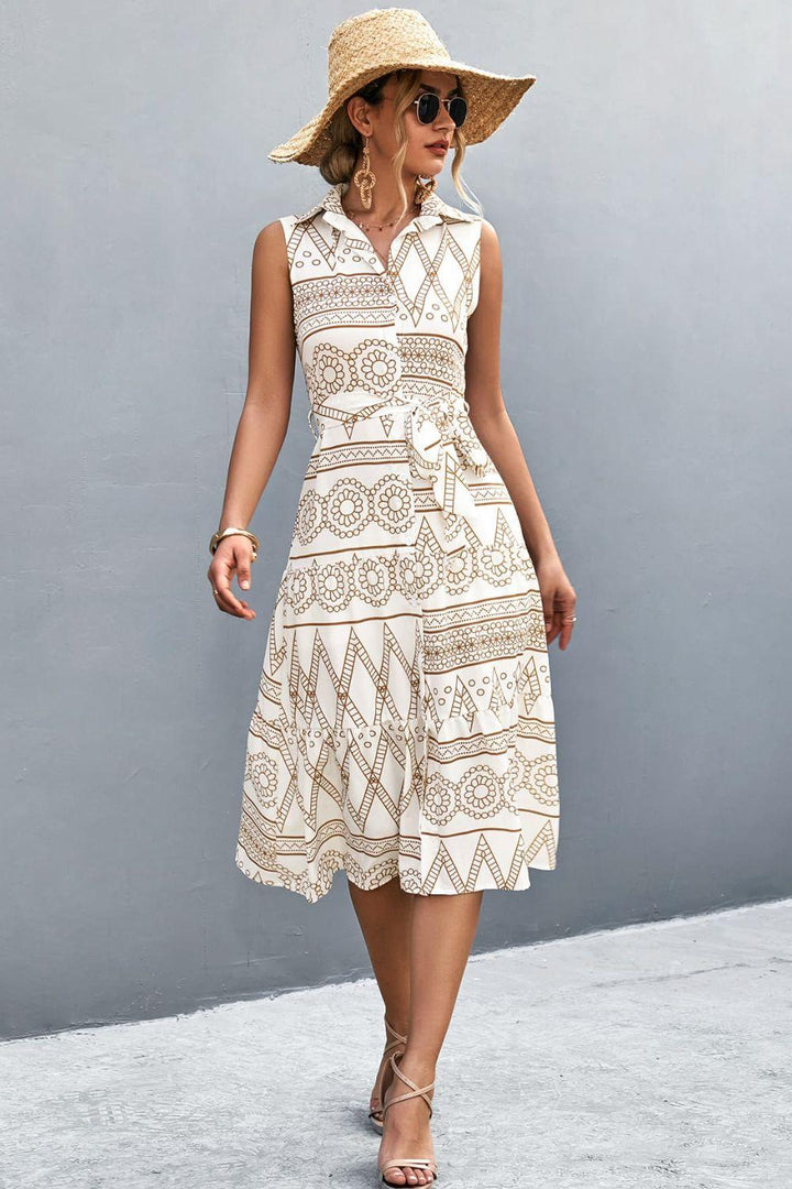 Printed Button Front Tie-Waist Sleeveless Collared Dress - BELLATRENDZ