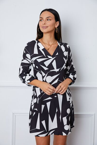 Geometric V-Neck Roll-Tab Sleeve Mini Dress