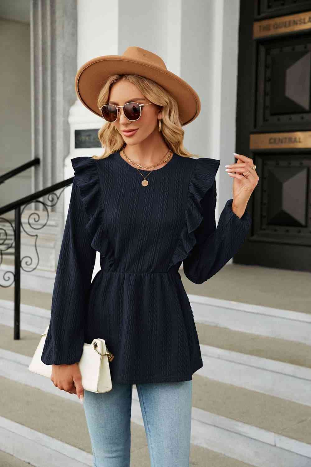 Round Neck Ruffled Peplum Blouse