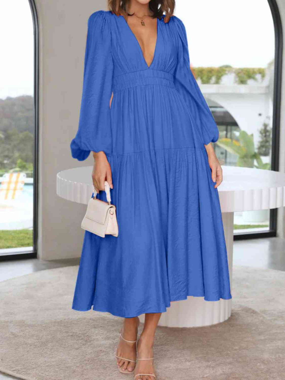 Deep V-Neck Balloon Sleeve Plain Maxi Dress