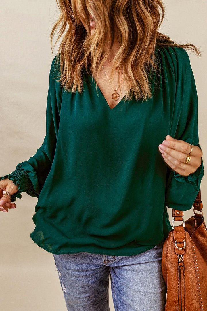 Notched Neck Lantern Sleeve Blouse - BELLATRENDZ