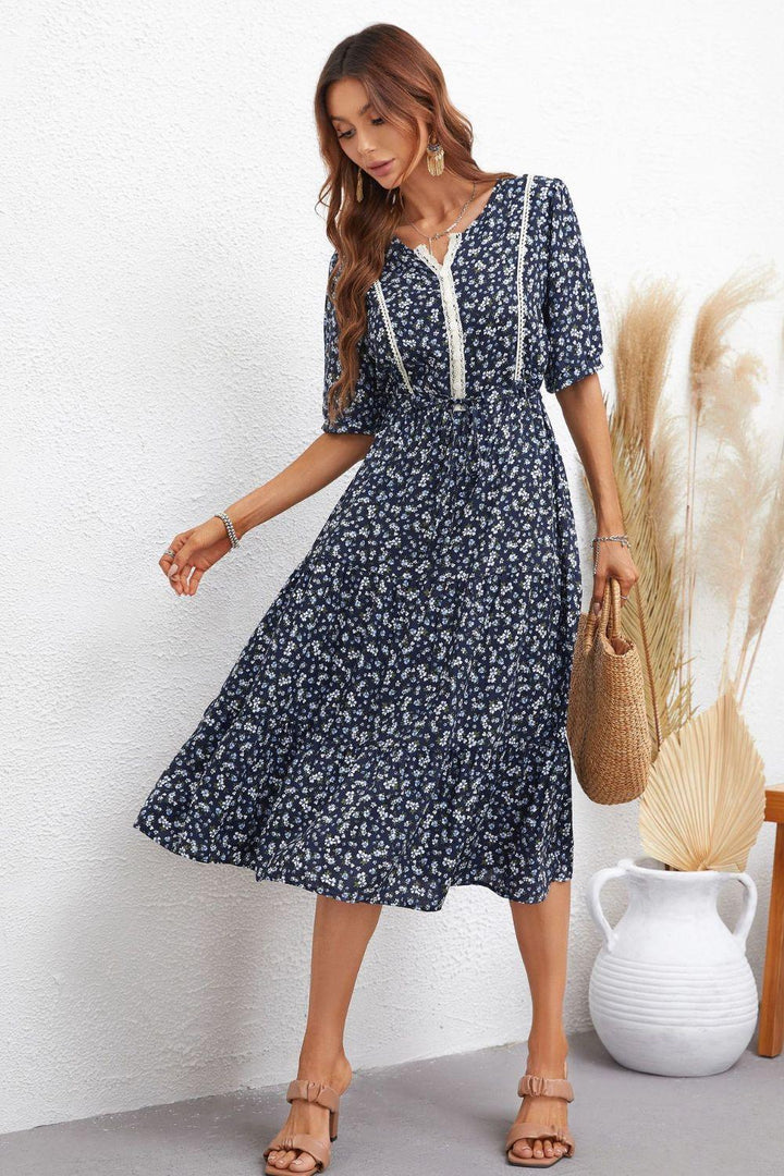 Floral Notched Neck Lace Trim Midi Dress - BELLATRENDZ