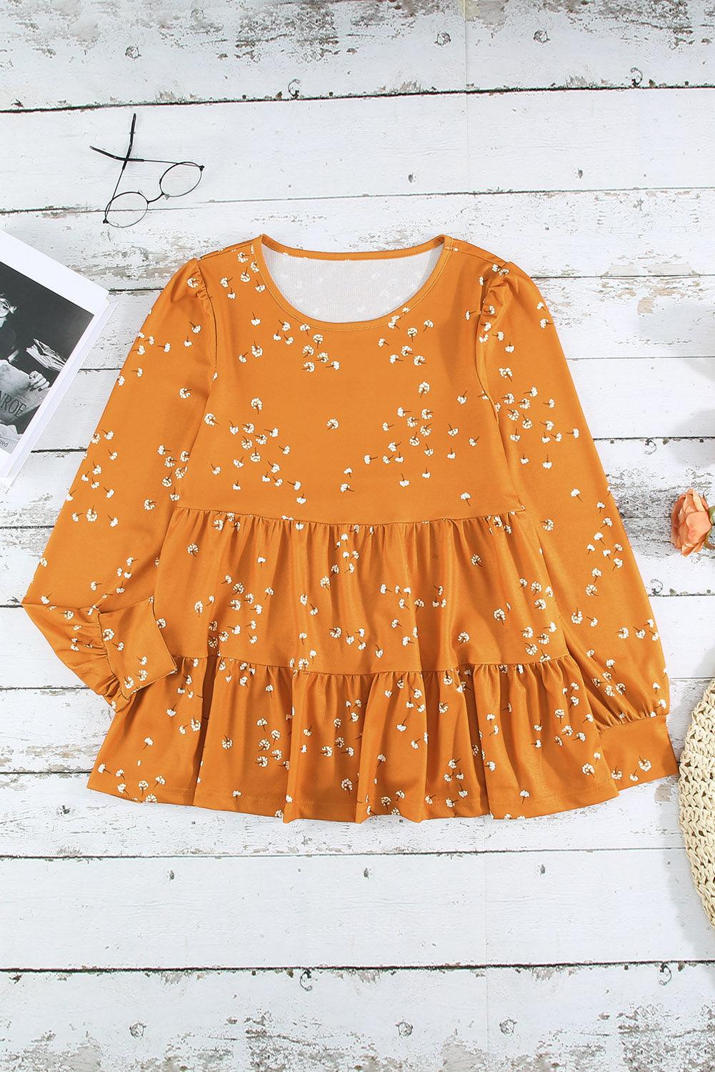 Floral Puff Sleeve Round Neck Babydoll Top