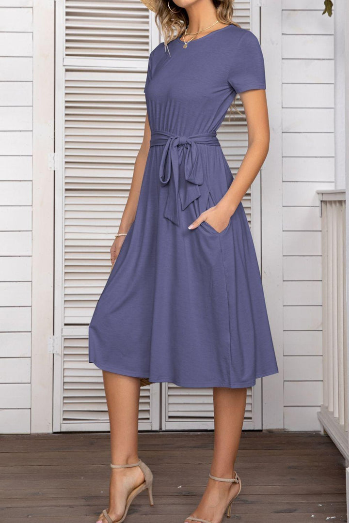 Belted Tee Dress With Pockets - BELLATRENDZ