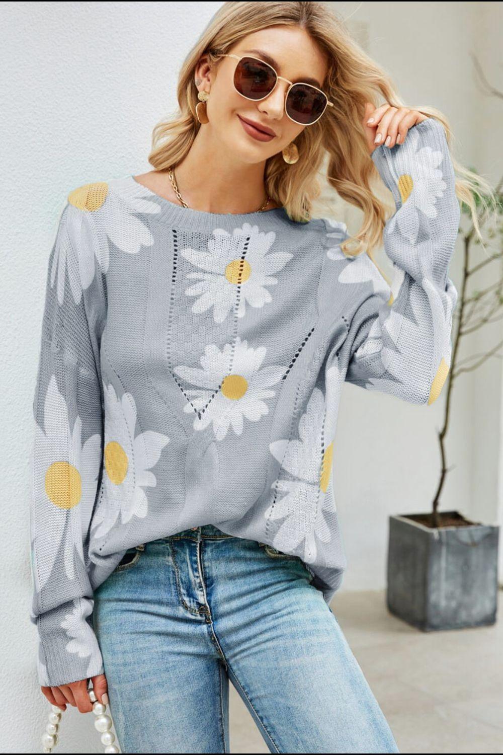 Daisy Print Openwork Round Neck Sweater - BELLATRENDZ