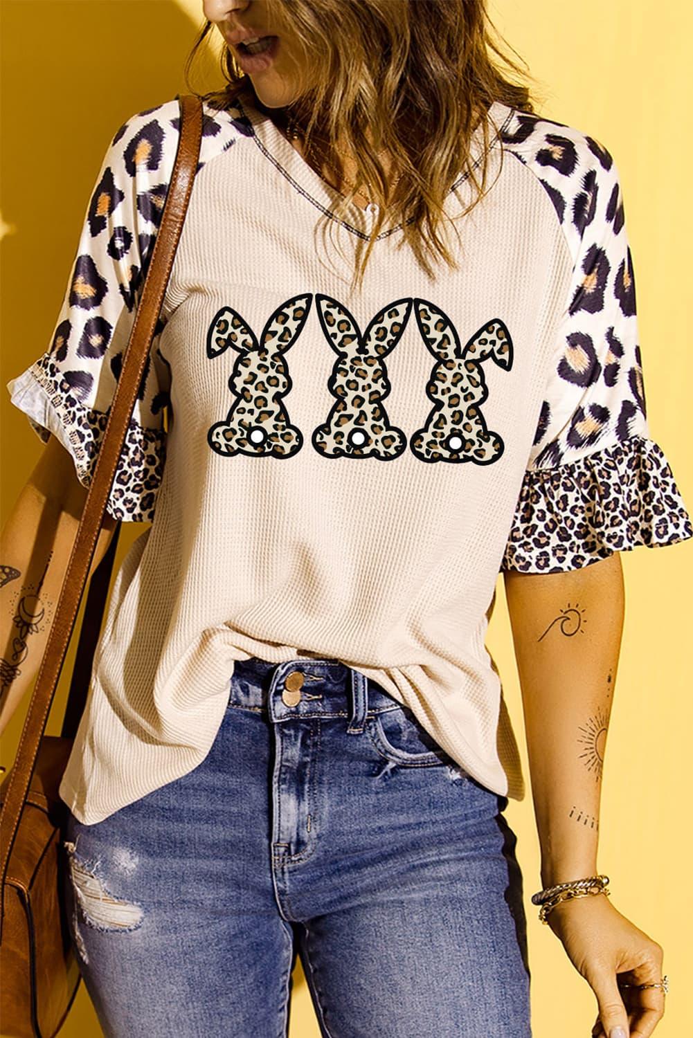 Easter Leopard Waffle-Knit Flounce Sleeve Top - BELLATRENDZ