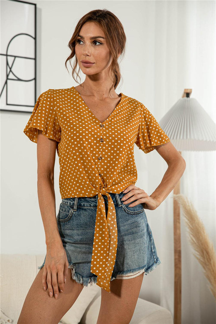 Decorative Button V-Neck Tied Blouse - BELLATRENDZ