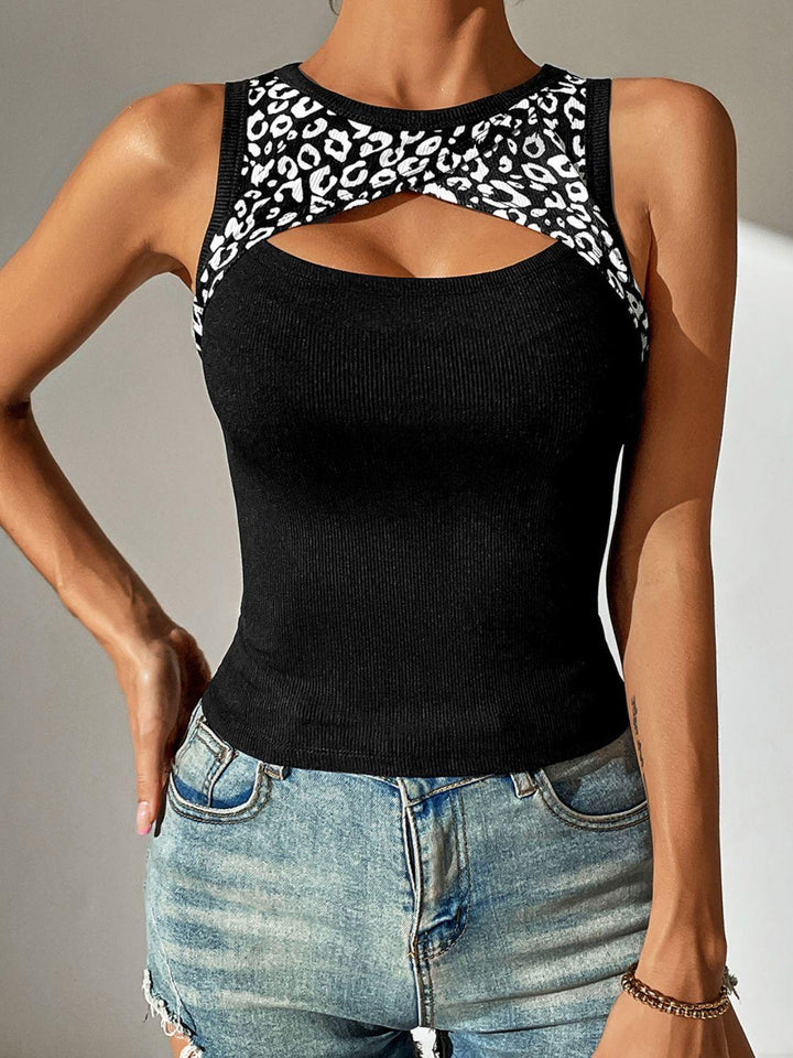 Leopard Cutout Round Neck Tank - BELLATRENDZ