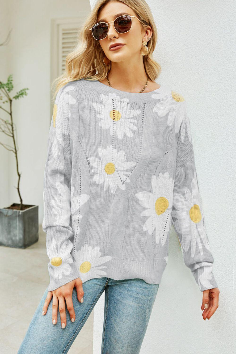 Daisy Print Openwork Round Neck Sweater - BELLATRENDZ