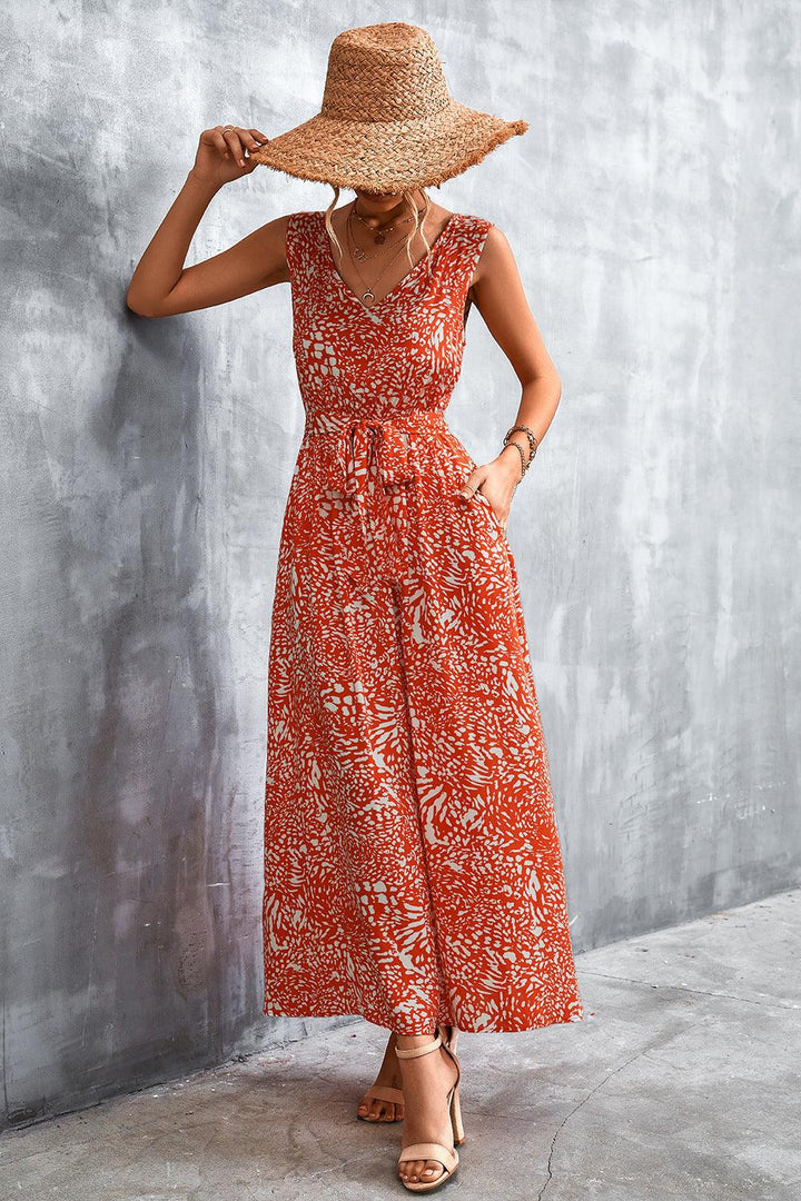 Printed V-Neck Tie Waist Maxi Dress - BELLATRENDZ