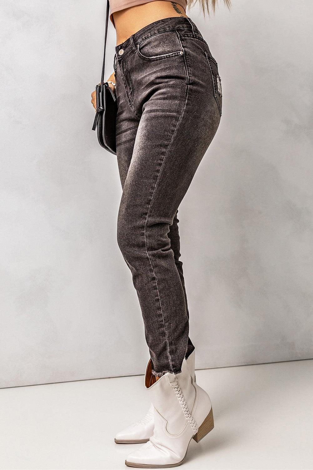 High Waist Raw Hem Skinny Jeans - BELLATRENDZ