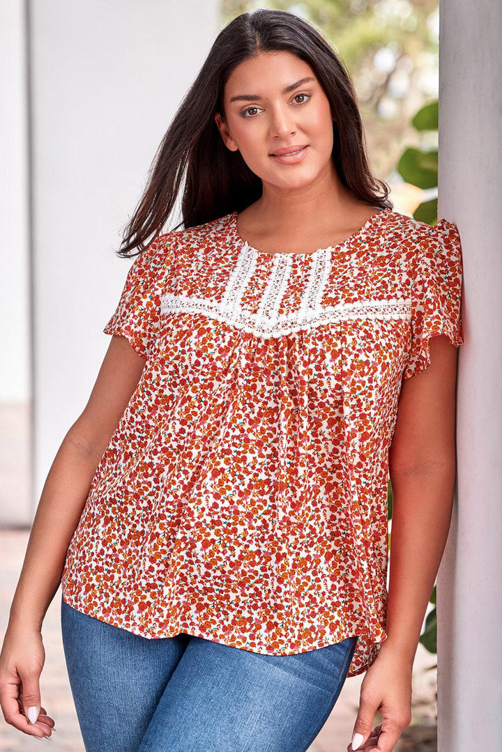 Plus Size Floral Lace Trim Round Neck Blouse - BELLATRENDZ