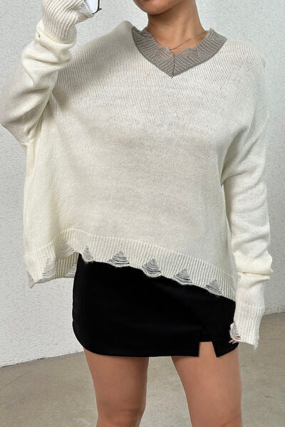 Distressed V-Neck Dropped Shoulder Sweater