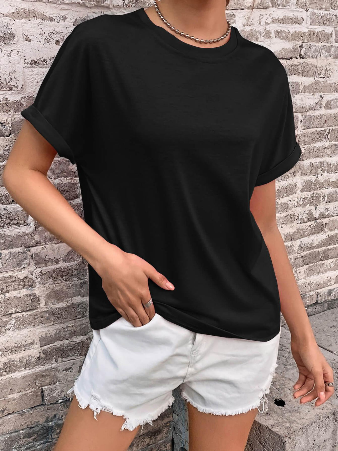 Round Neck Cuffed Sleeve T-Shirt - BELLATRENDZ